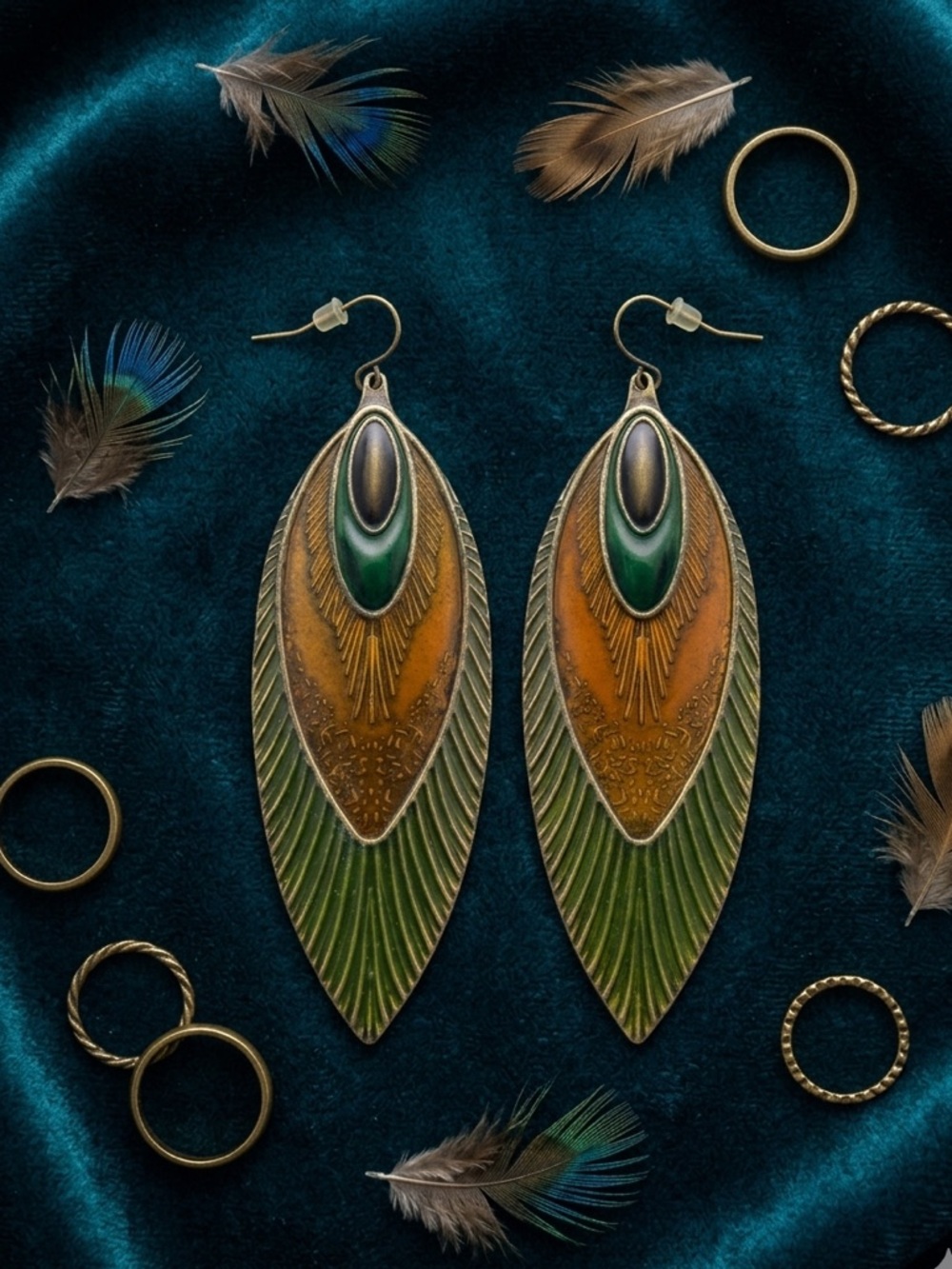 Decree Peacock Feather Brass Enamel Statement Earrings Boho Dangle Green Orange